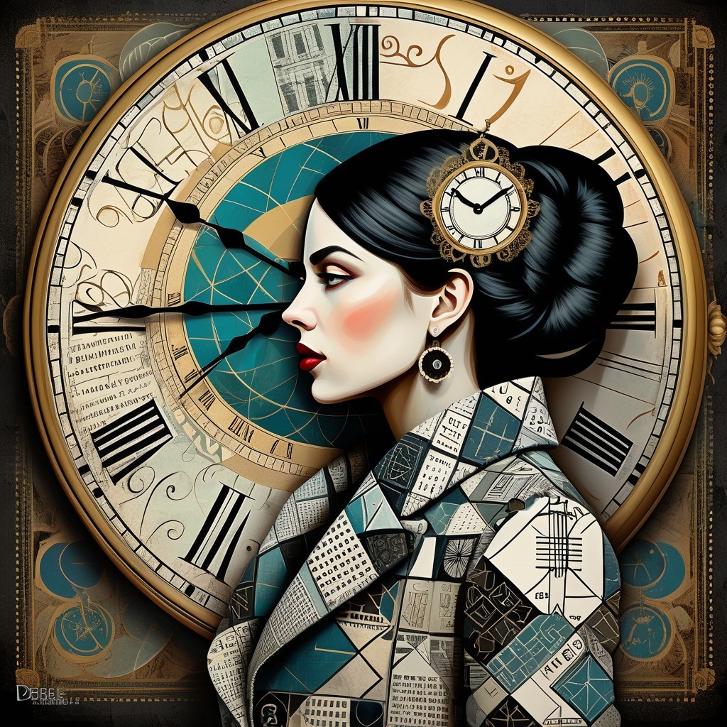 Woman in Profile with Vintage Clock and Architectural Patterns