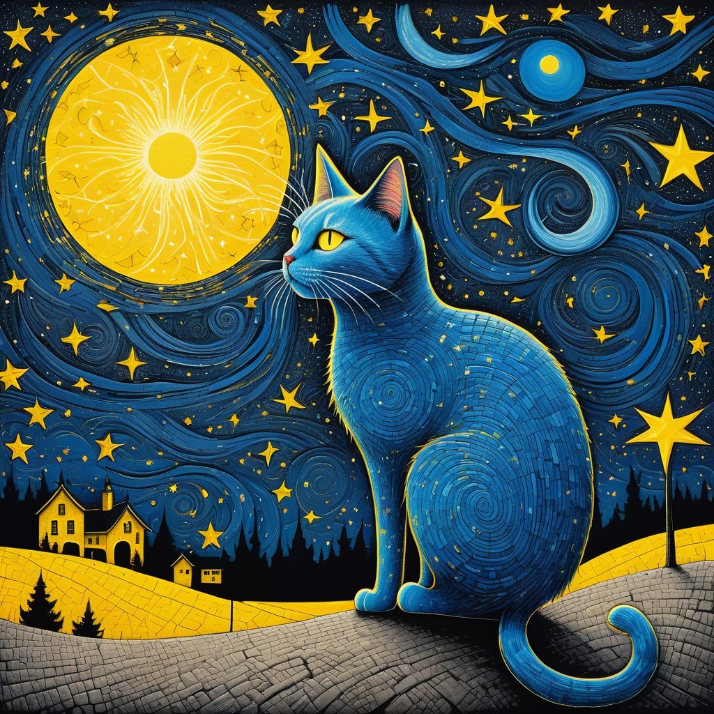 Whimsical Blue Cat on Hillside Under Starry Sky
