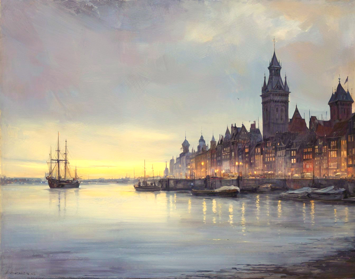 Serene Waterfront Scene at Dusk with Charming Town