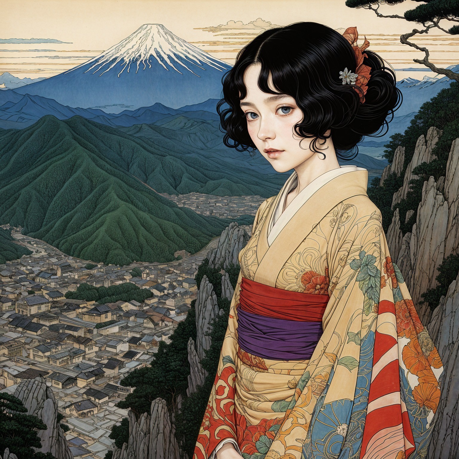 Young Woman in Kimono Against Mountainous Landscape