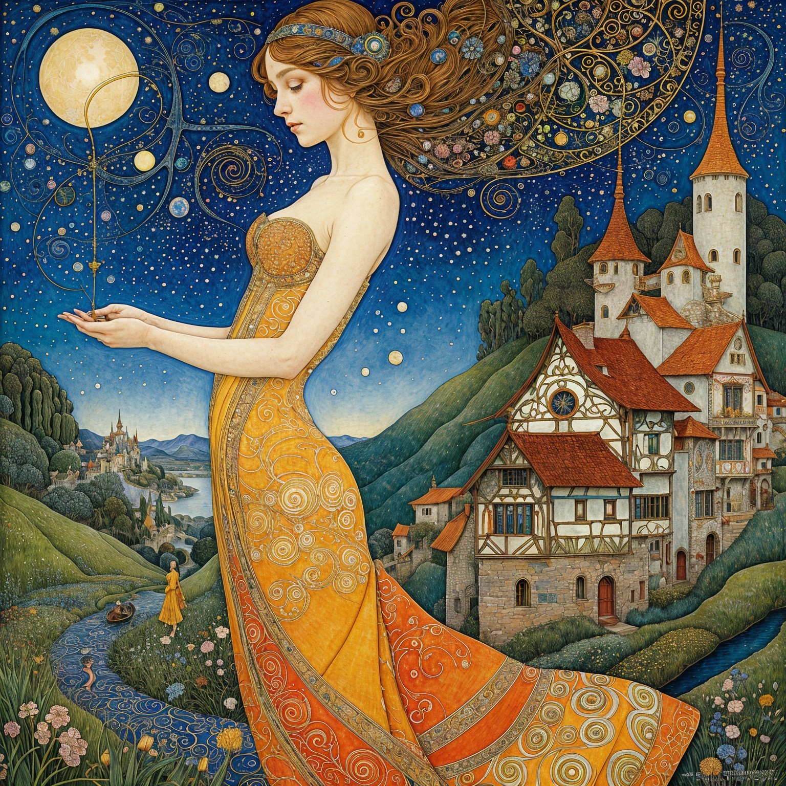 Ethereal Woman in Orange Gown in Fantastical Landscape