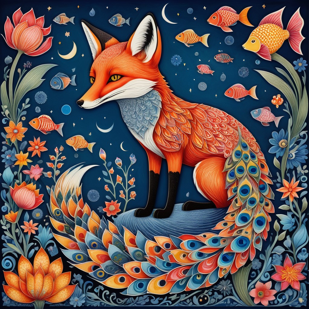 Illustration of a fox with orange fur on blue background