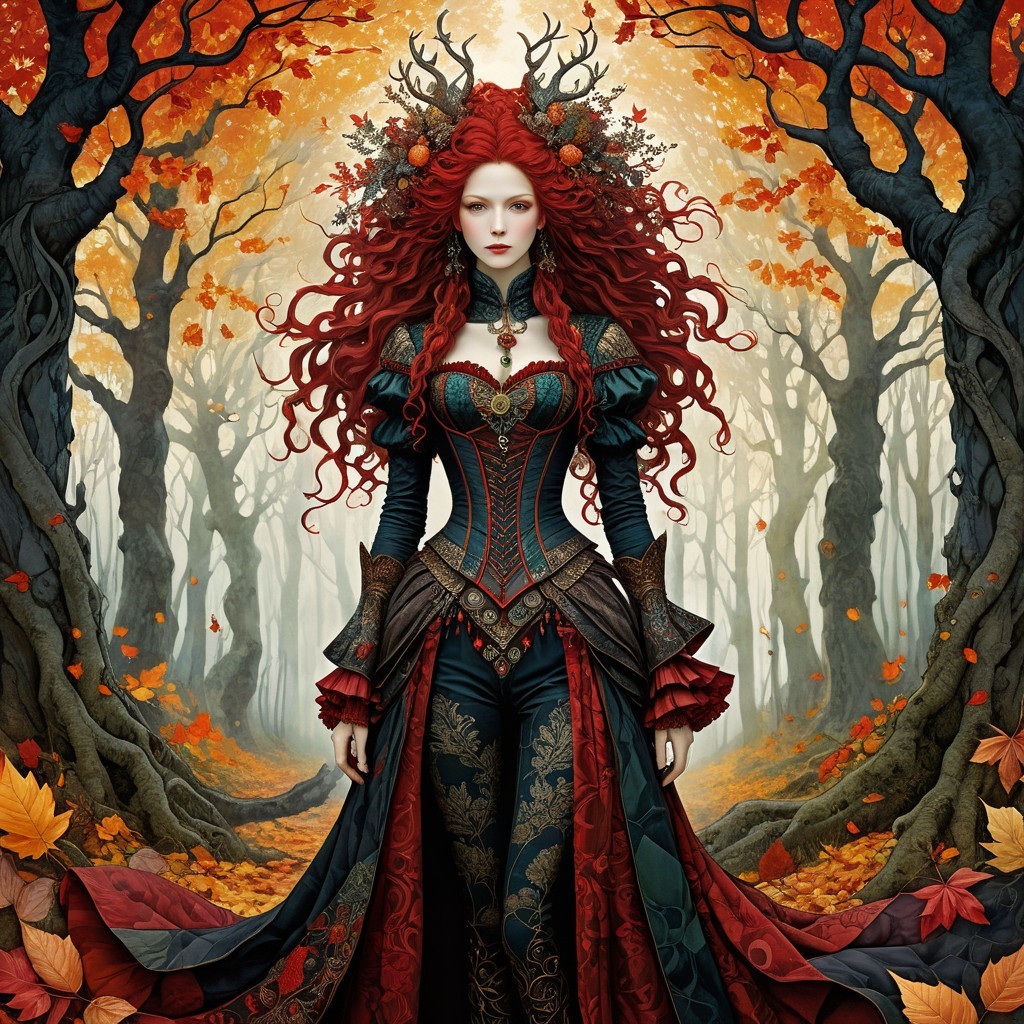 Regal figure in mystical autumn forest setting