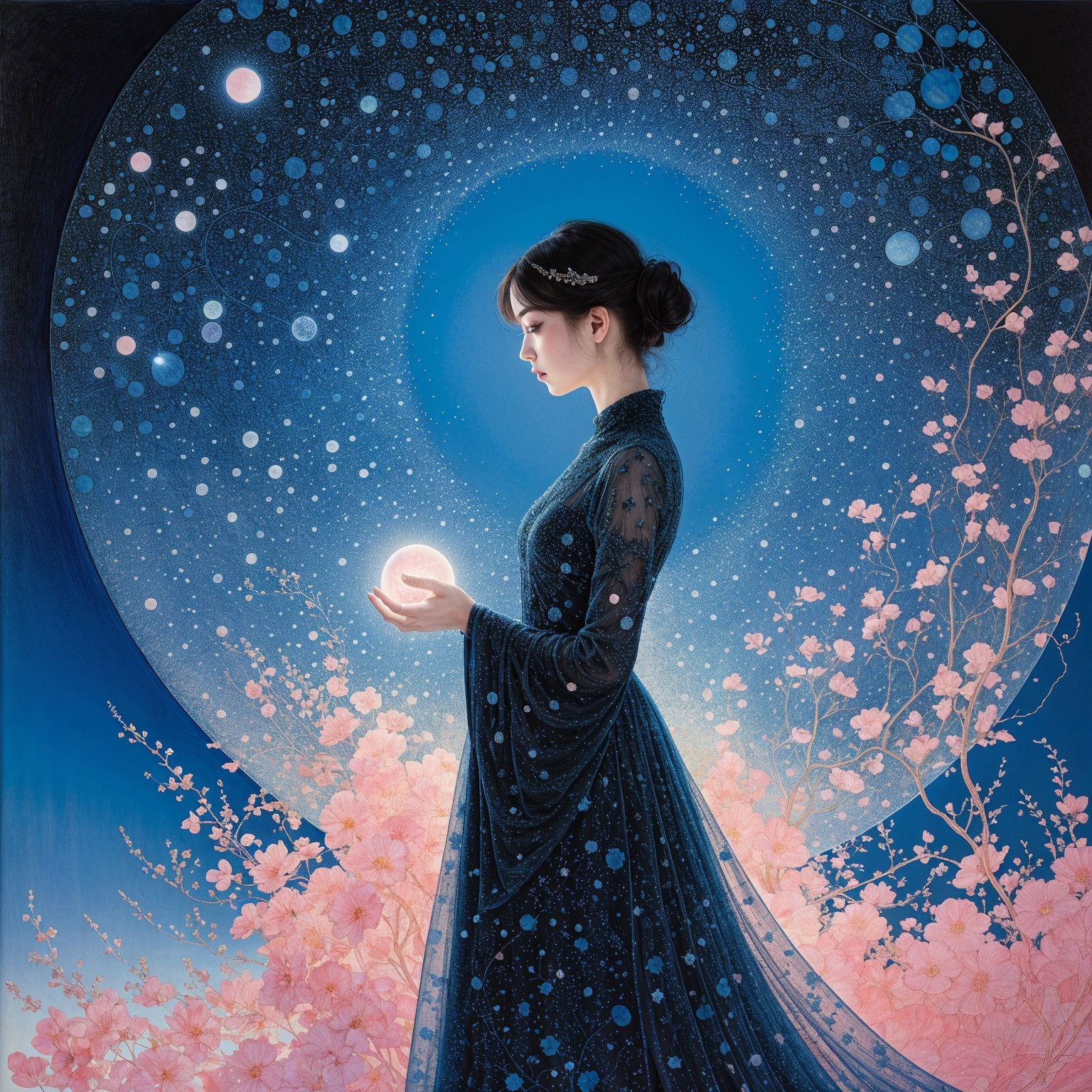 Serene Figure with Glowing Orb Against Cosmic Backdrop