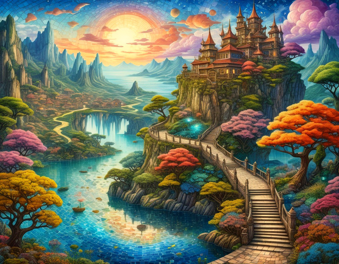 Vibrant Fantasy Landscape with Castle and Sunset Reflections