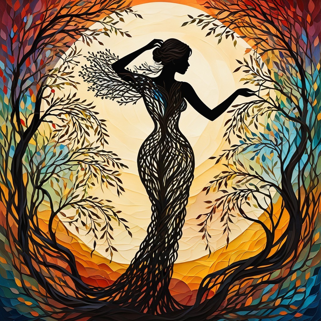 Silhouette of a Woman Amidst Flowing Tree Branches