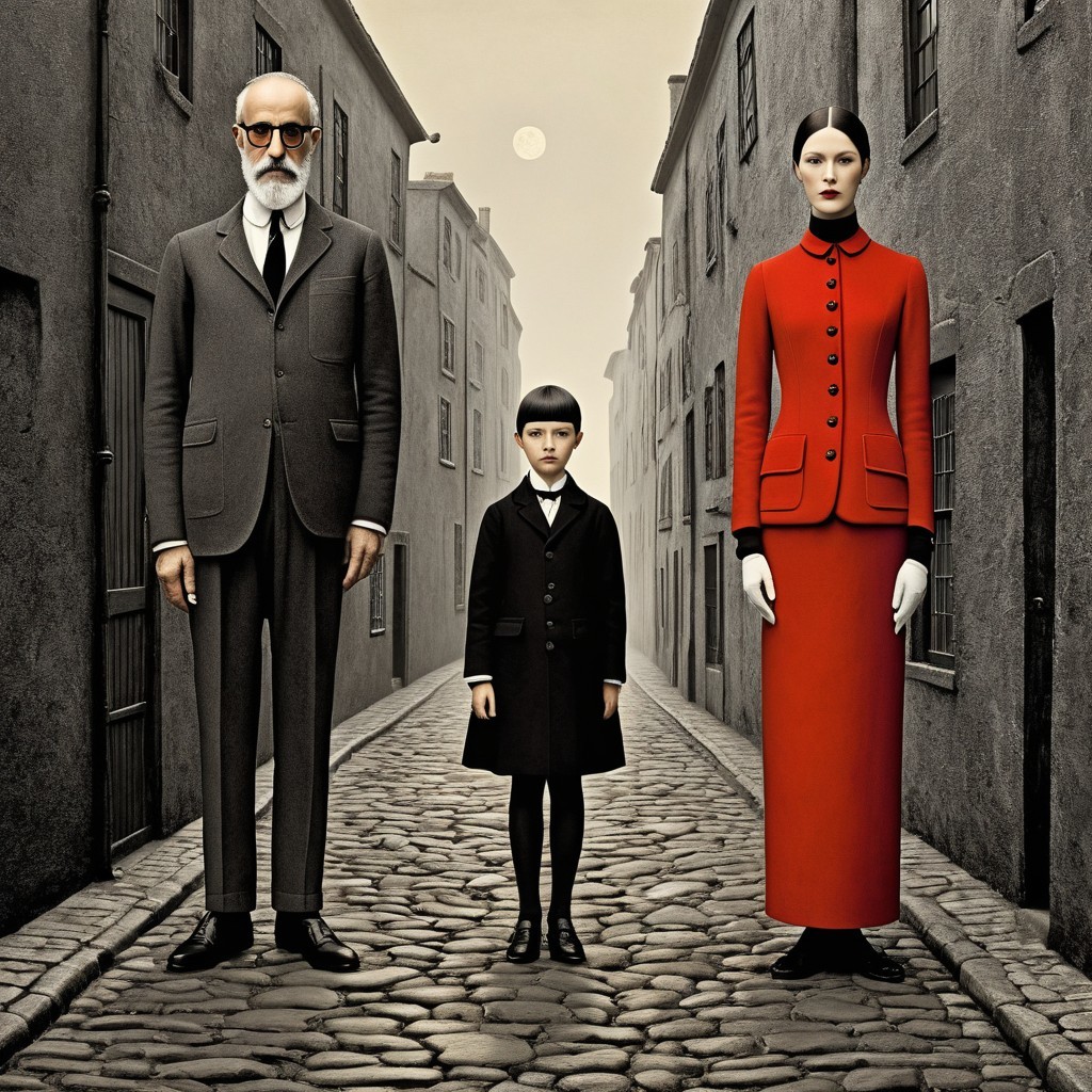 Surreal Scene of Figures in Vintage Cobblestone Street