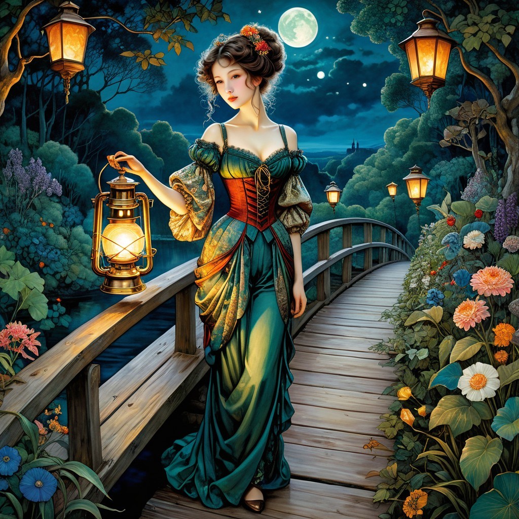 Moonlit Scene of Woman on Bridge with Lanterns