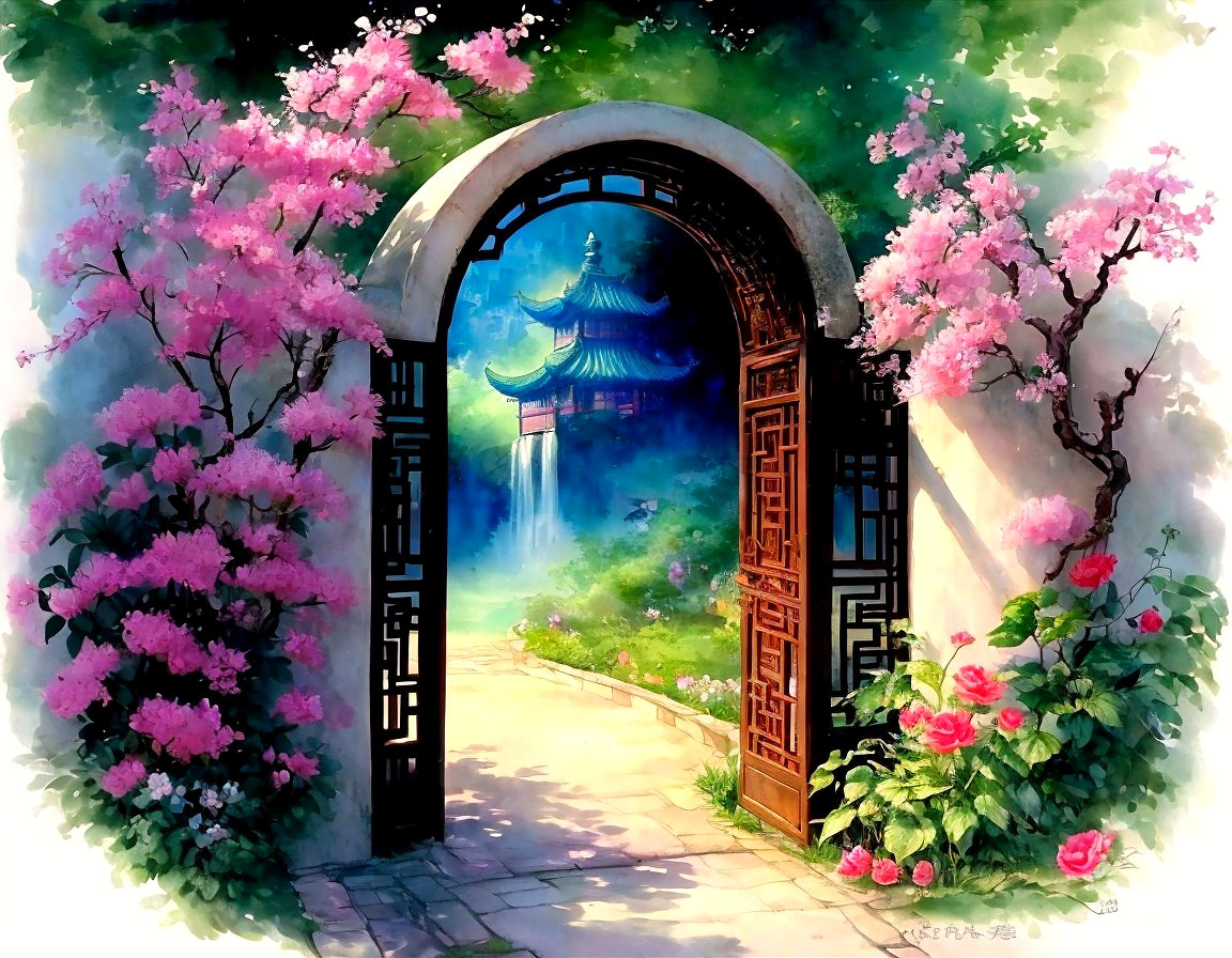 Ornate Archway in a Serene Garden with Pagoda