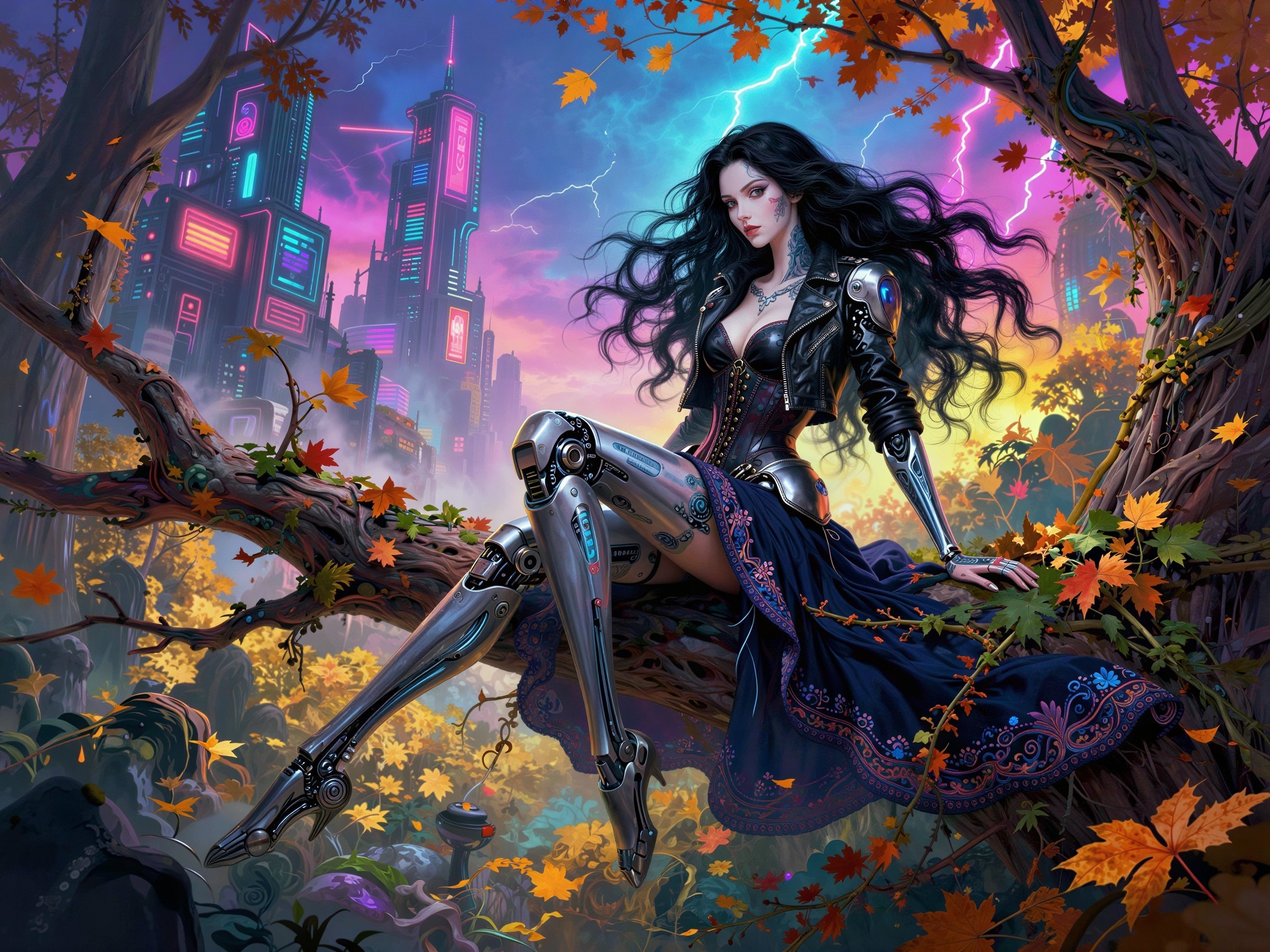 Cyberpunk Woman in Leather Jacket on Tree Branch