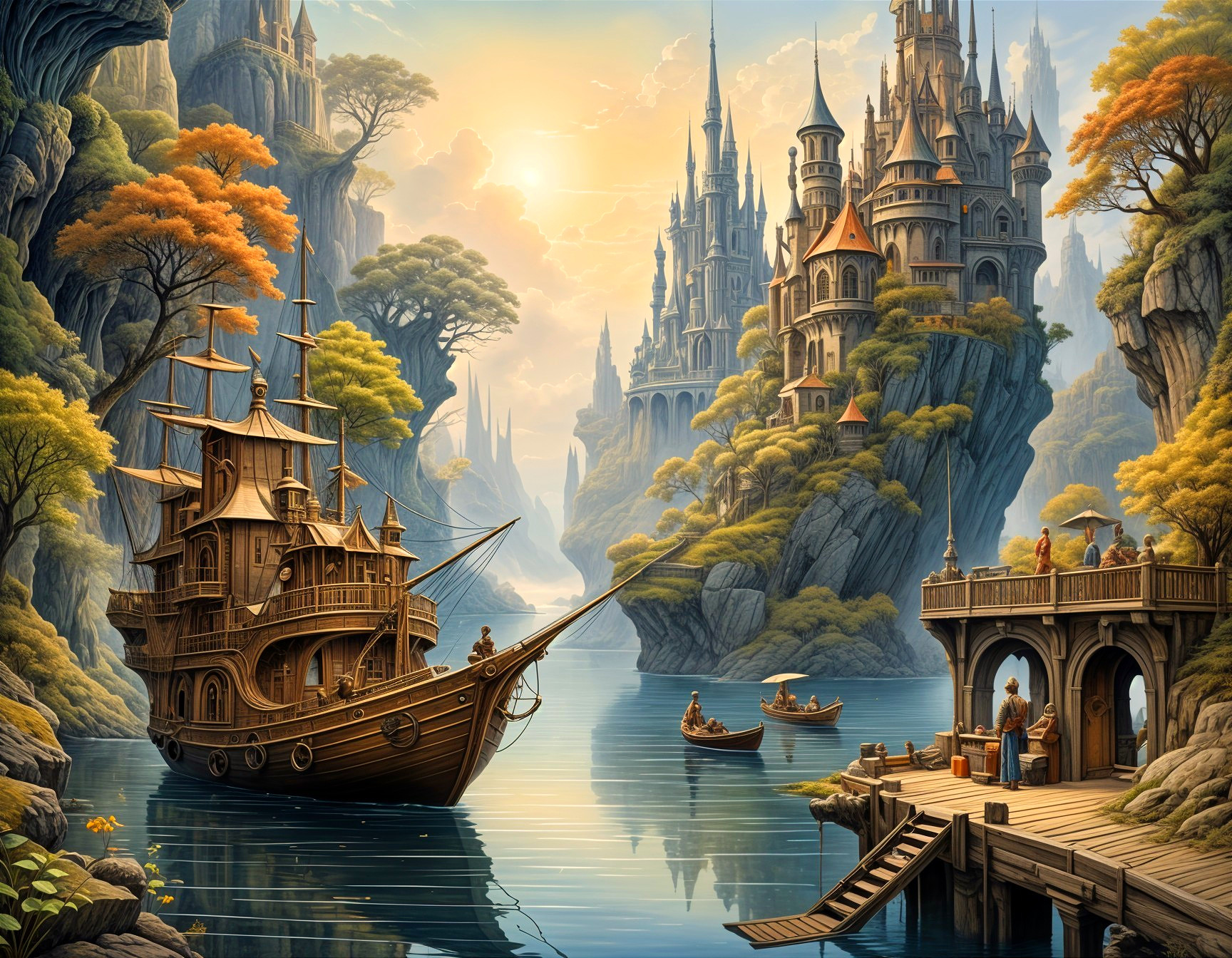 Grand Ship at Pier with Castles and Autumn Foliage