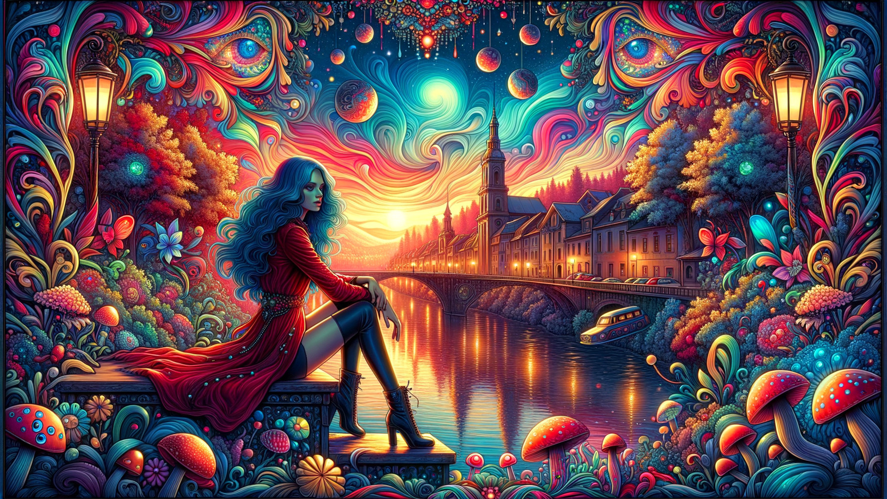 Surreal Landscape with Woman by River at Sunset