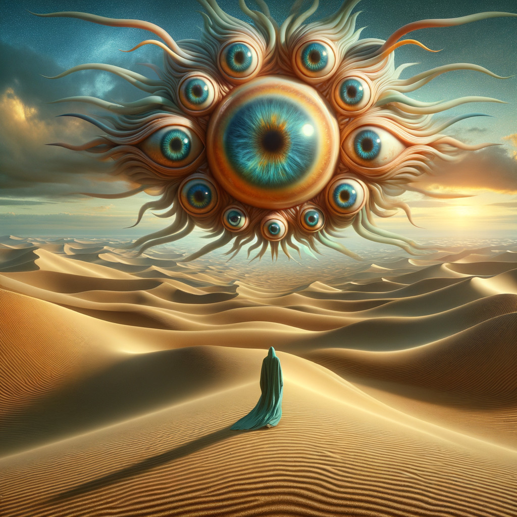 Solitary figure in desert with surreal sun and dunes
