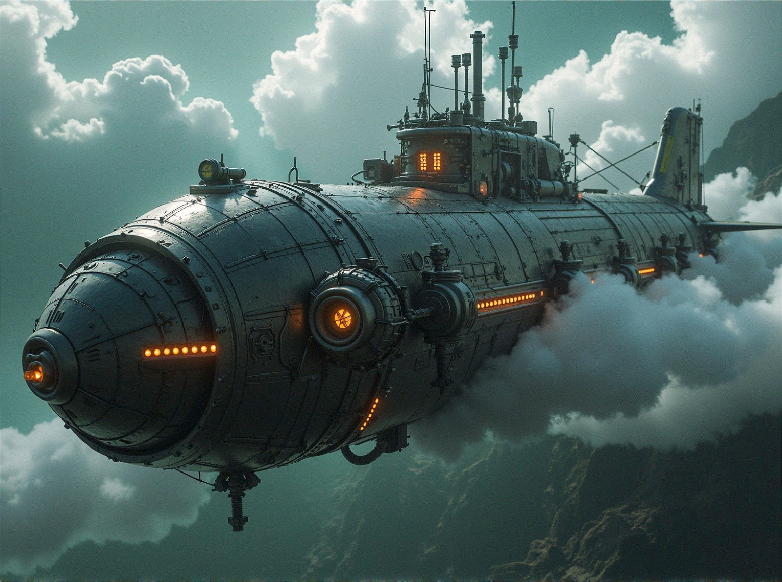 Futuristic submarine in misty, rocky landscape setting