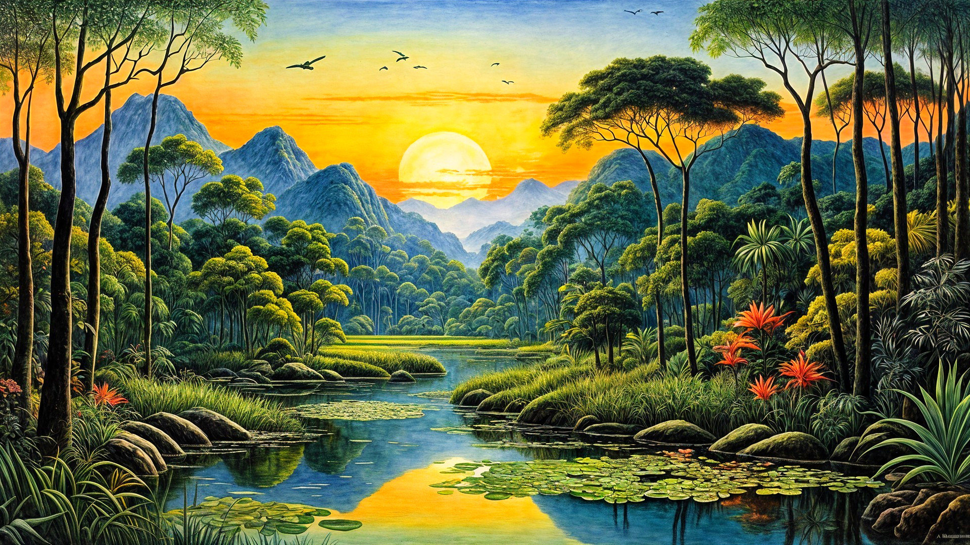 Vibrant Sunset Over Lush Hills and Tranquil River