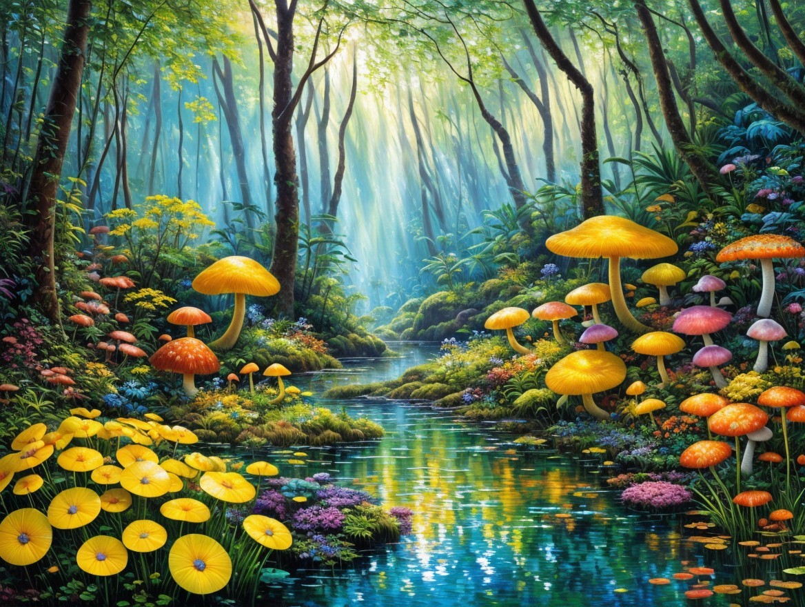 Vibrant Forest Scene with Colorful Mushrooms and Stream