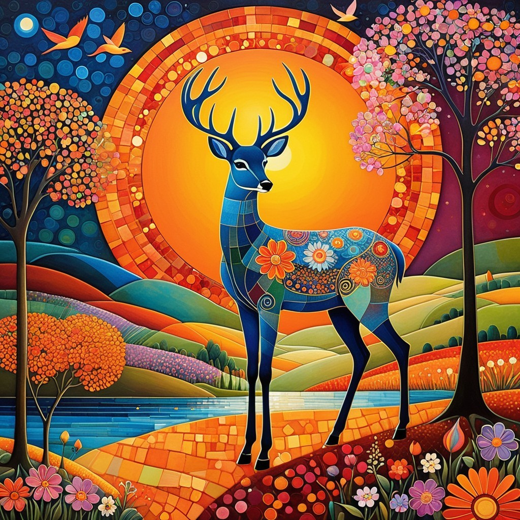 Vibrant Landscape with Blue Deer and Sunset River