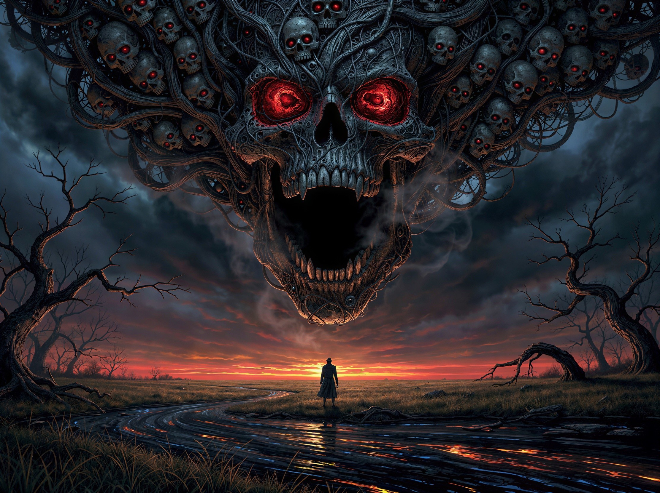 Heroic Figure on Dark Path Under Orange Sunset