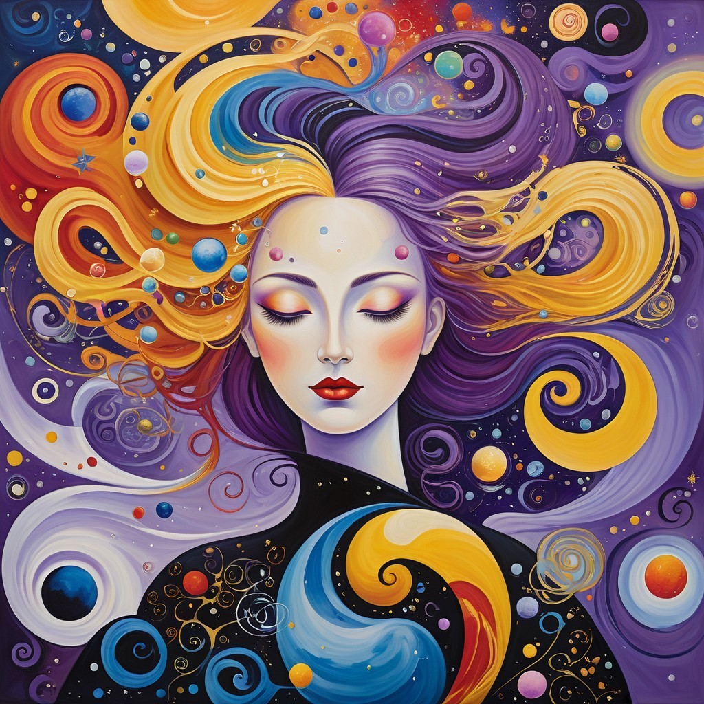 Serene Woman in Cosmic Colors and Swirling Patterns