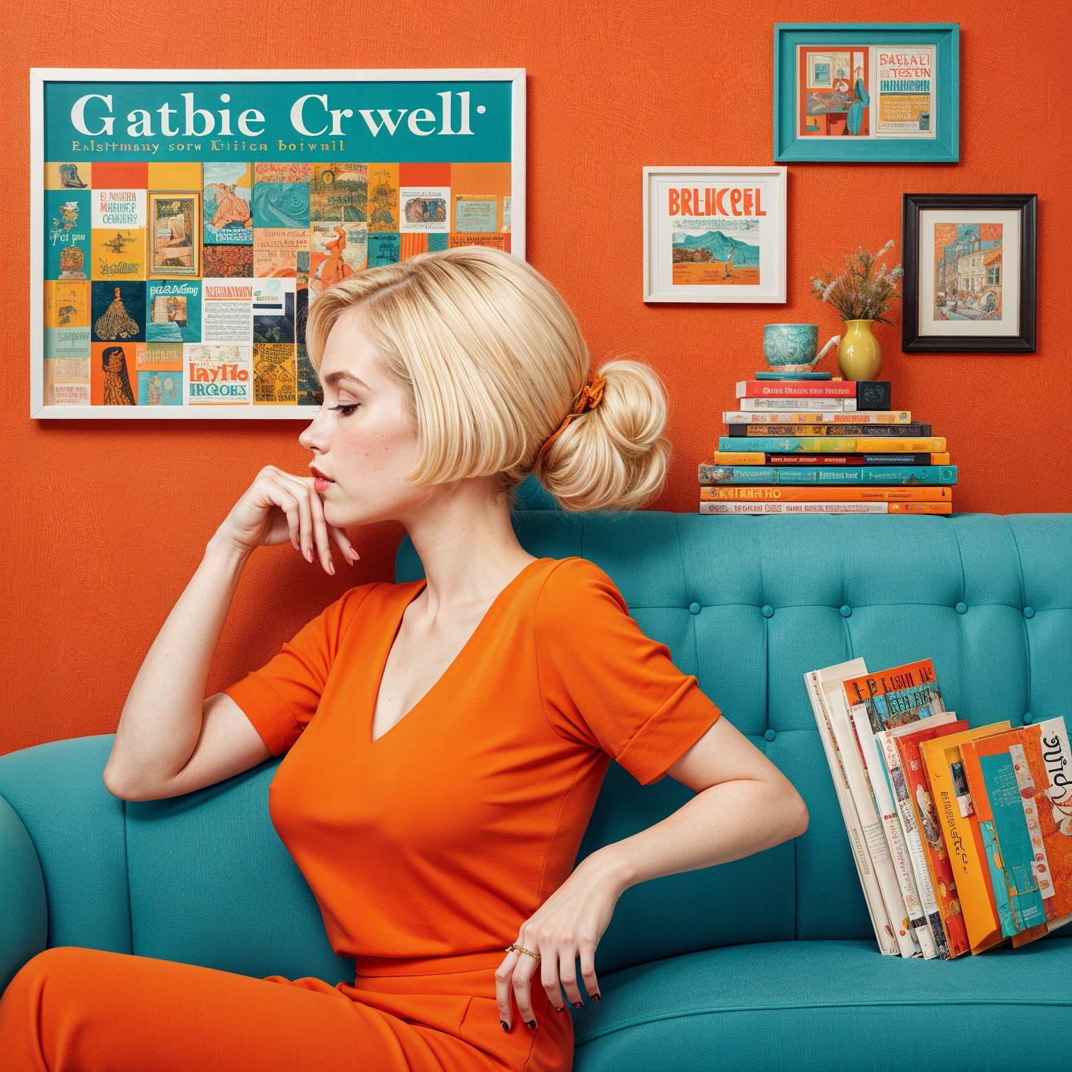 Stylish Woman on Turquoise Couch in Eclectic Interior