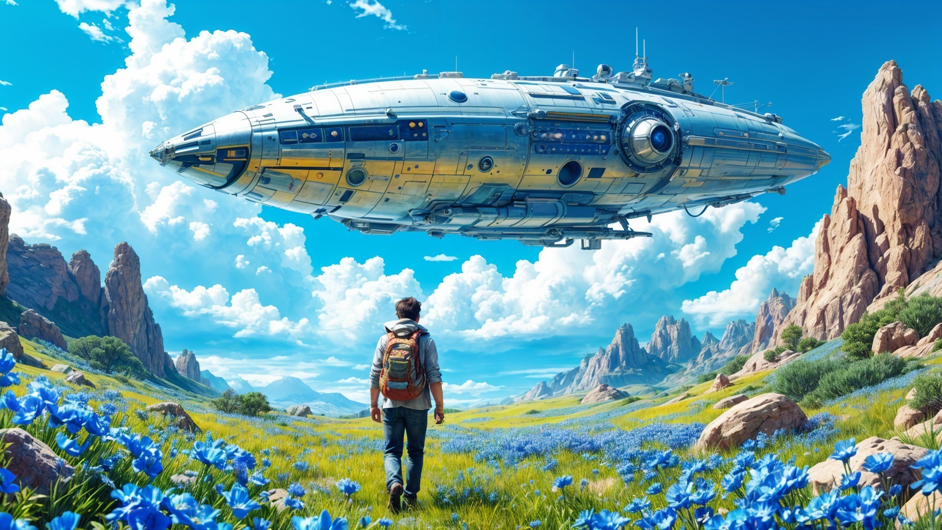 Futuristic Landscape with Metallic Spaceship and Flowers