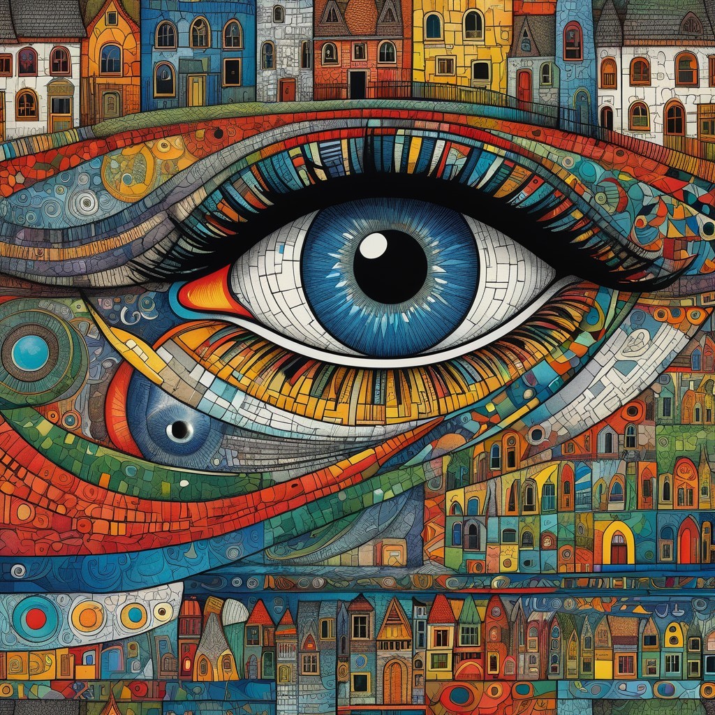 Surrealistic Eye Surrounded by Colorful Patterns and Architecture