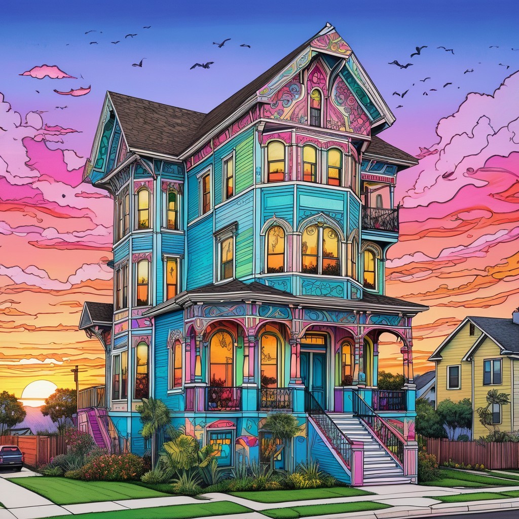 Victorian-style house with vibrant colors at sunset