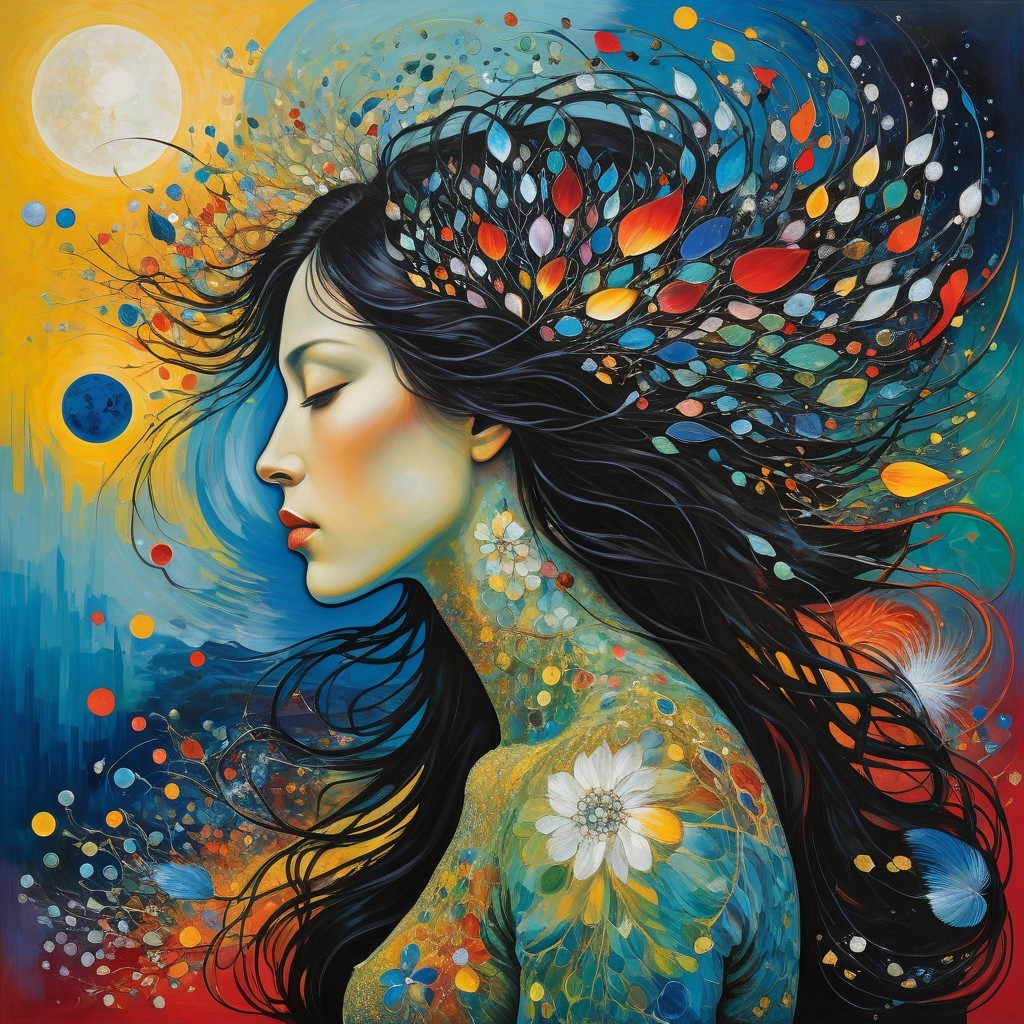 Serene Woman in Profile with Vibrant Colors and Patterns