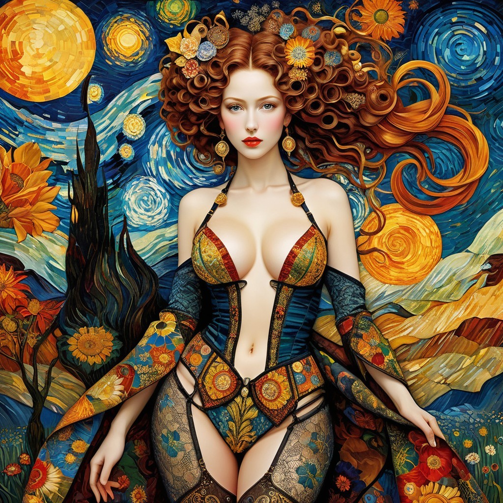 Whimsical Painting of a Woman in Van Gogh Style