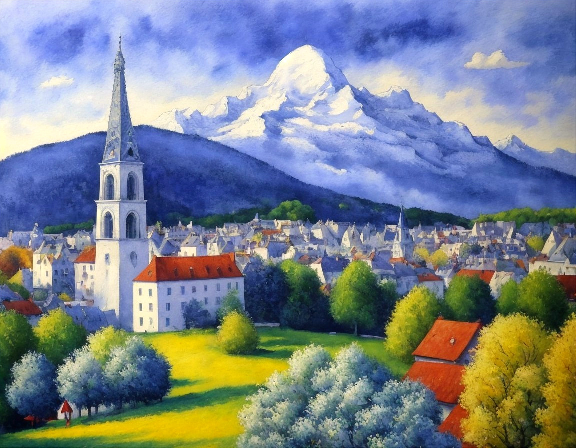 Serene Village Landscape with Snow-Capped Mountains