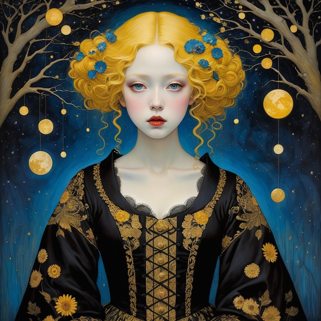 Young woman in ornate black dress with celestial elements