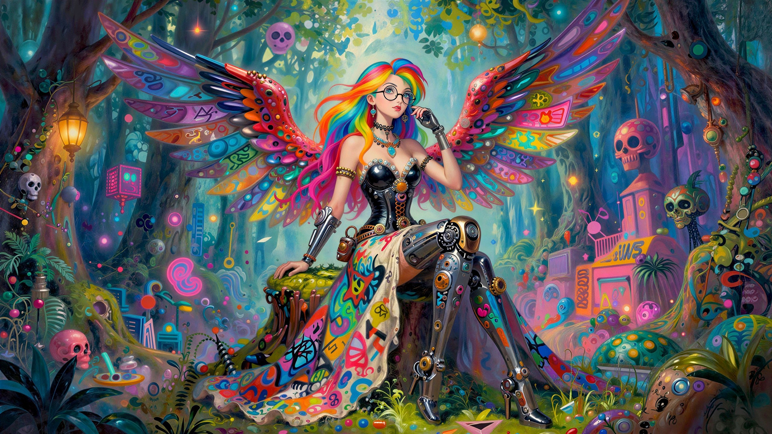 Young woman with rainbow ponytail in digital jungle scene