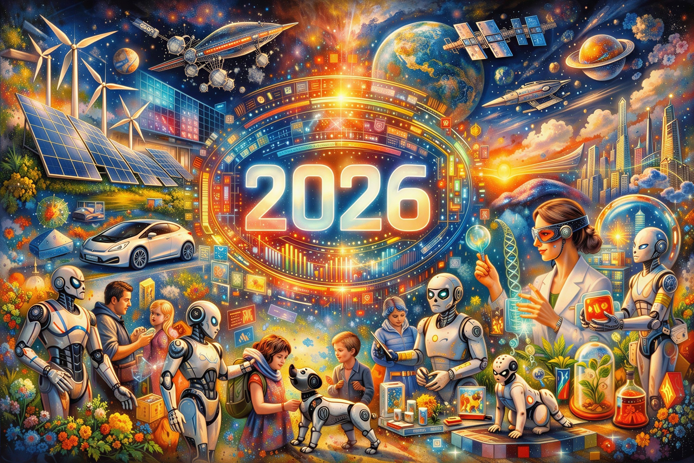 Futuristic Sci-Fi Illustration of 2026 with Technology