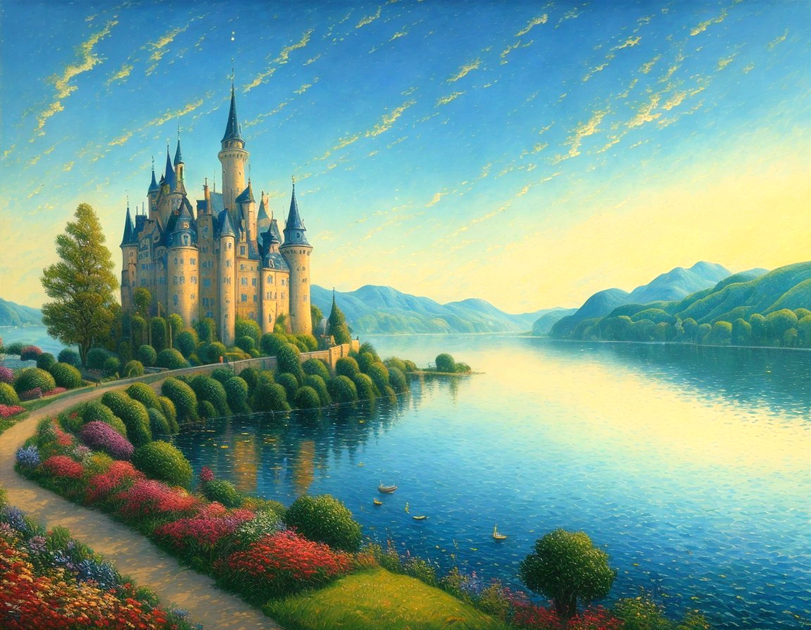 Majestic castle landscape with lake and swans