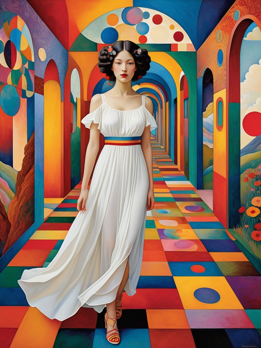 Woman in White Dress Walking Through Colorful Aisle
