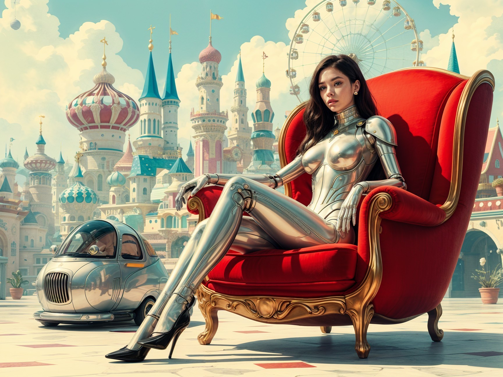 Futuristic Woman in Silver Suit Amidst Whimsical Landscape