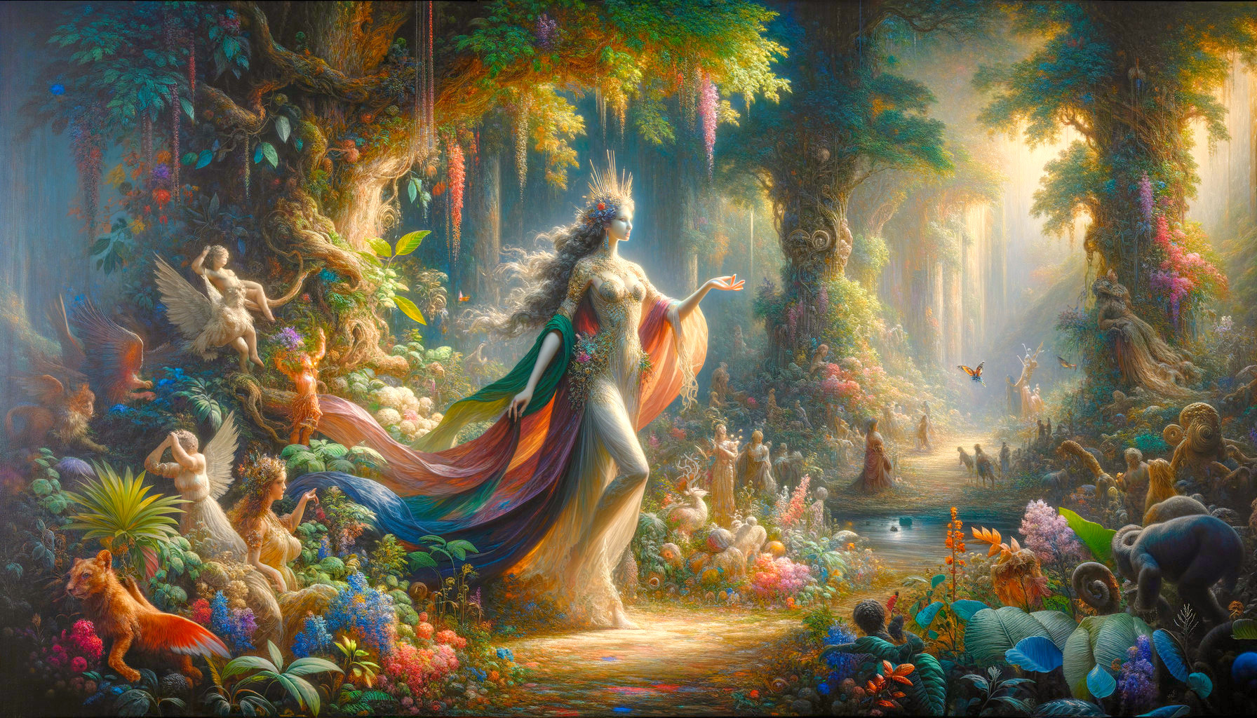 Enchanting Forest Scene with Colorful Garments and Creatures