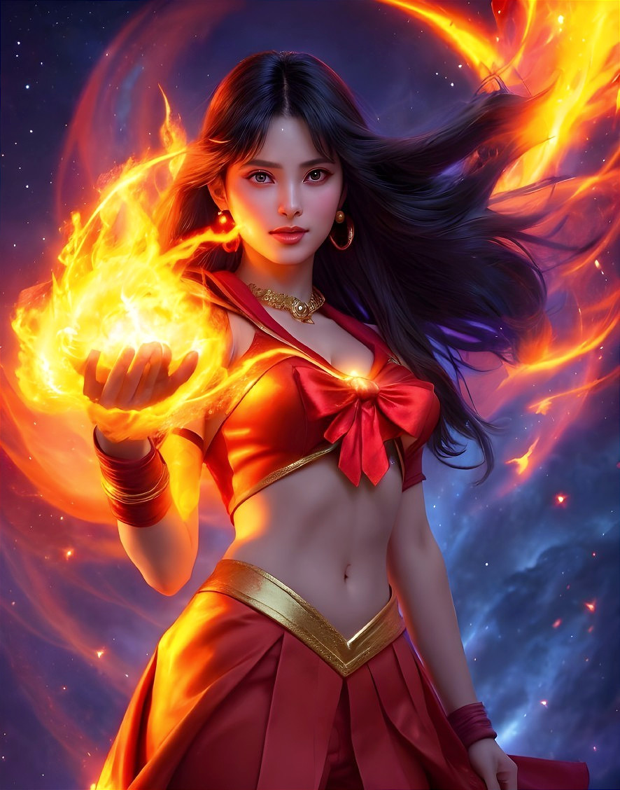 Fierce Young Woman in Cosmic Scene with Fiery Energy
