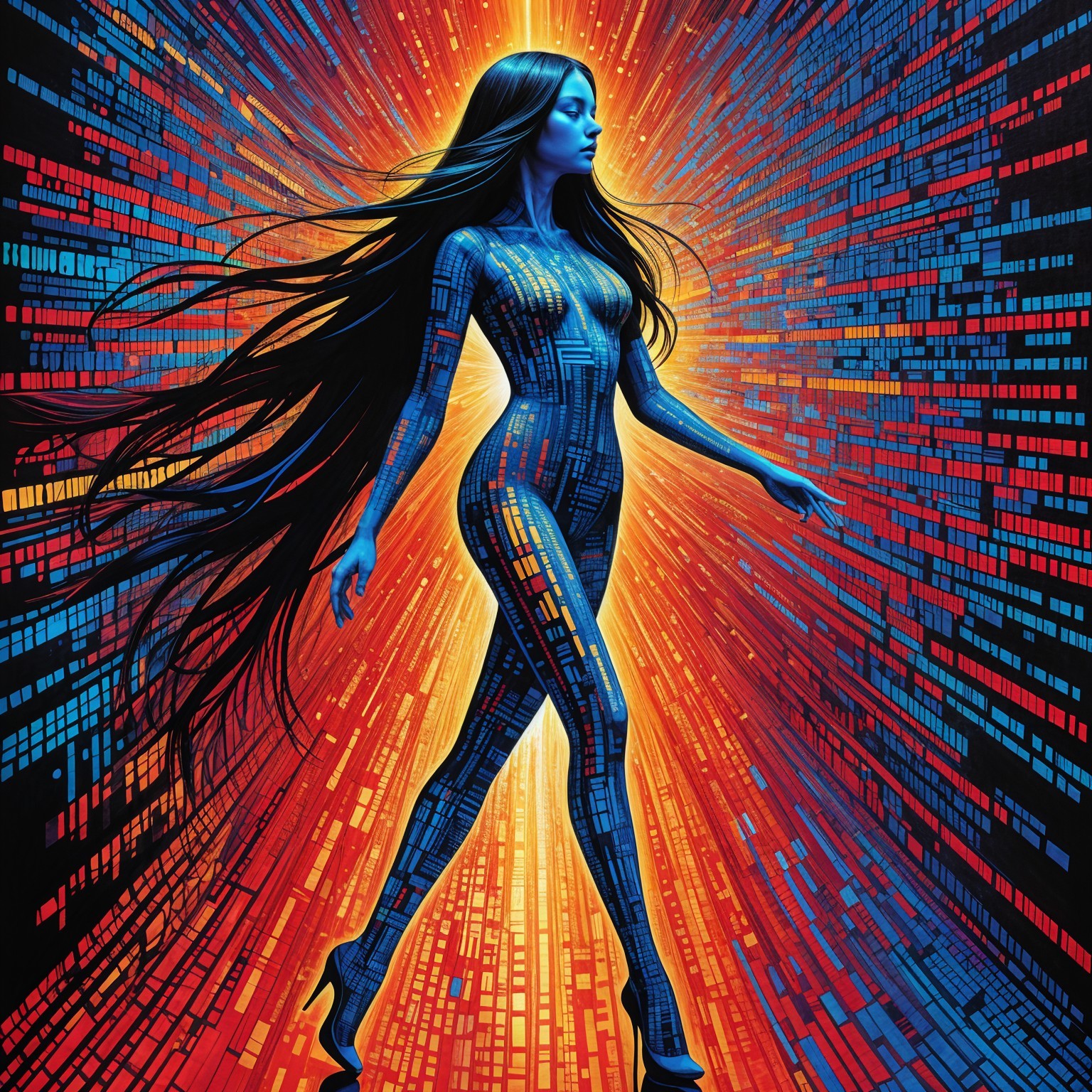 Futuristic figure in vibrant blue and red backdrop