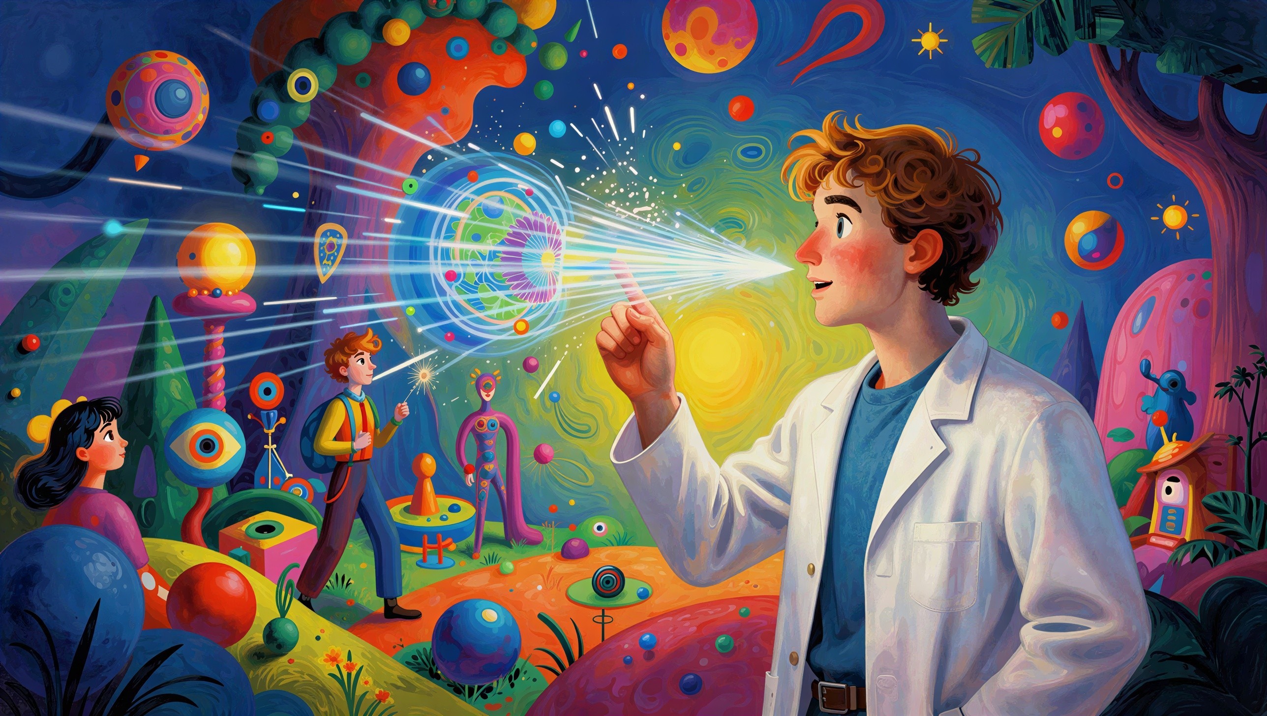 Colorful illustration of a young male scientist and sphere