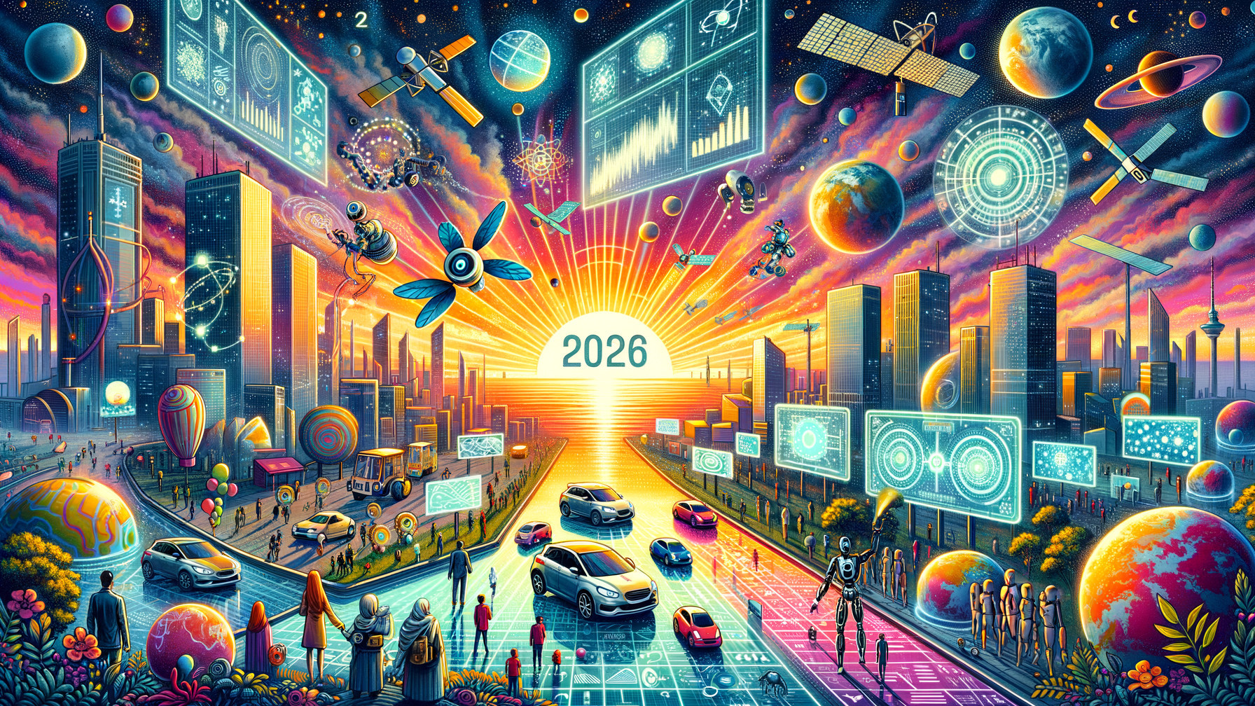 Futuristic Cityscape at Sunset with Vibrant Colors