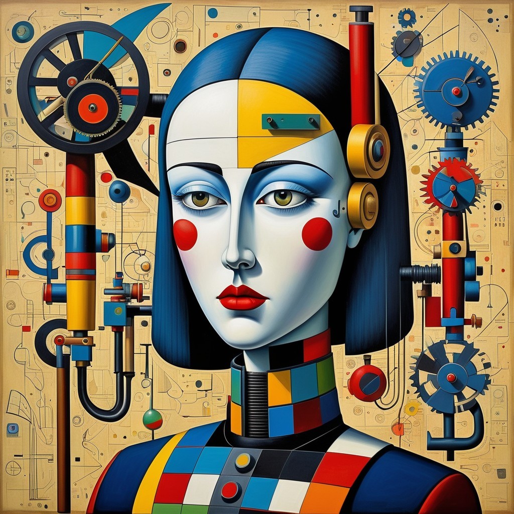 Stylized humanoid figure with geometric face and colors