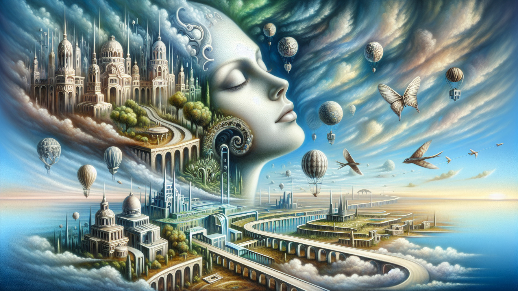 Surreal Landscape with Female Face and Cityscape