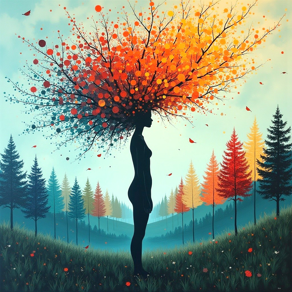 Silhouette of a Woman with Autumn Leaves Background
