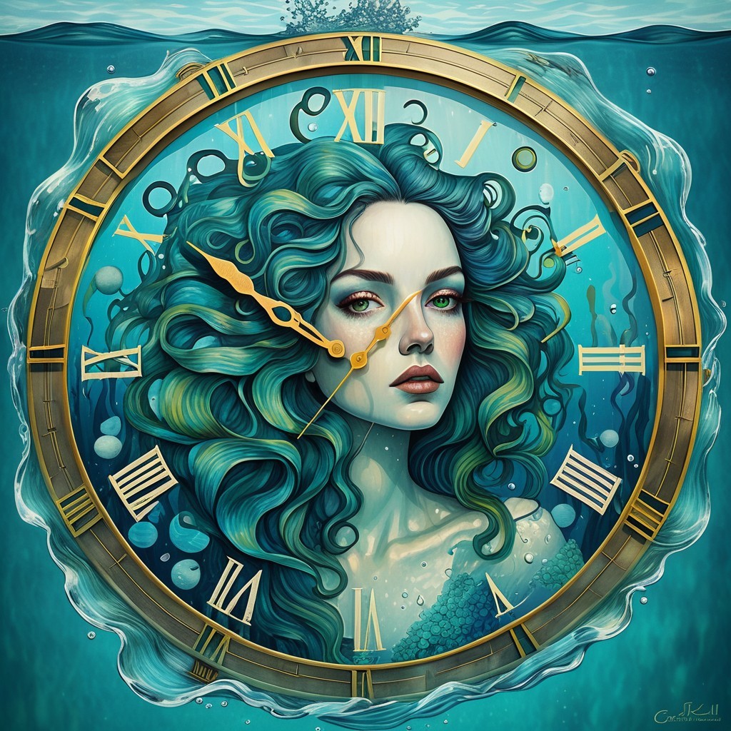 Underwater Scene with Woman and Ornate Clock