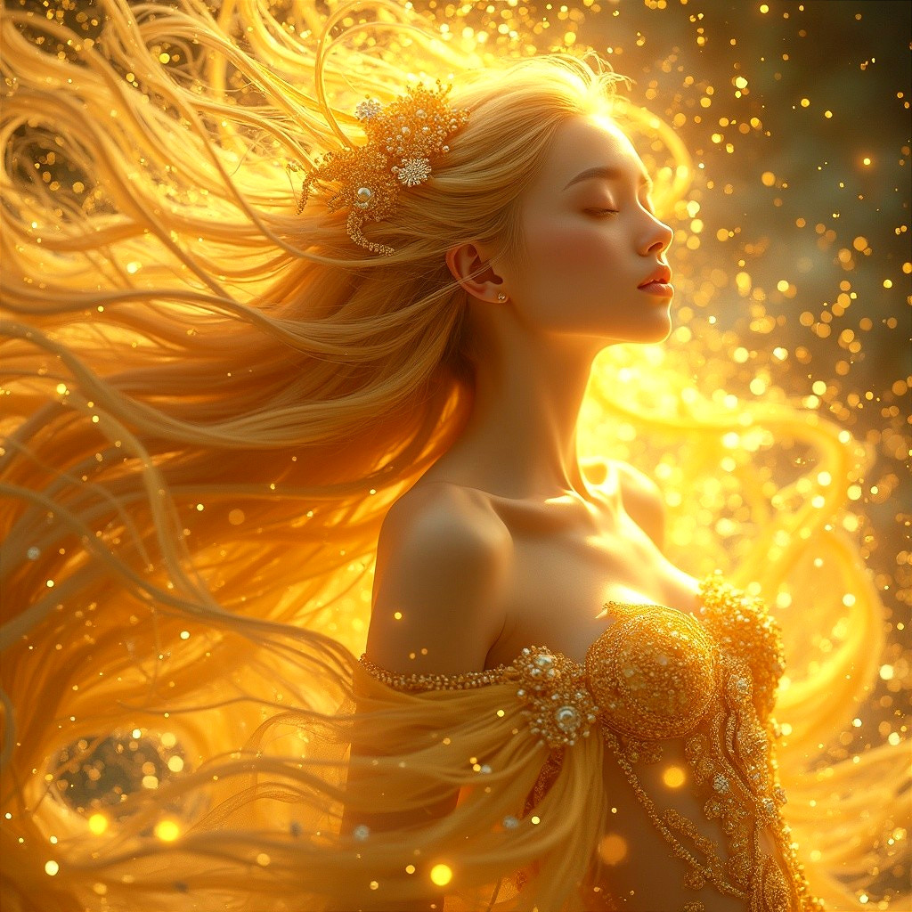 Ethereal figure with golden hair in a dreamlike setting