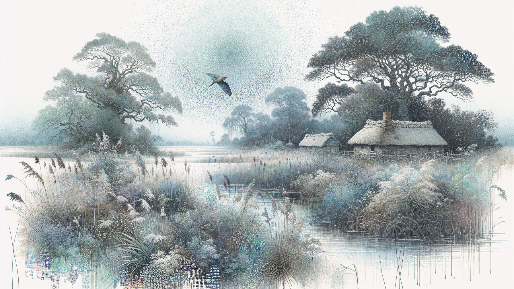 Tranquil Waterway Landscape with Cottages and Mist