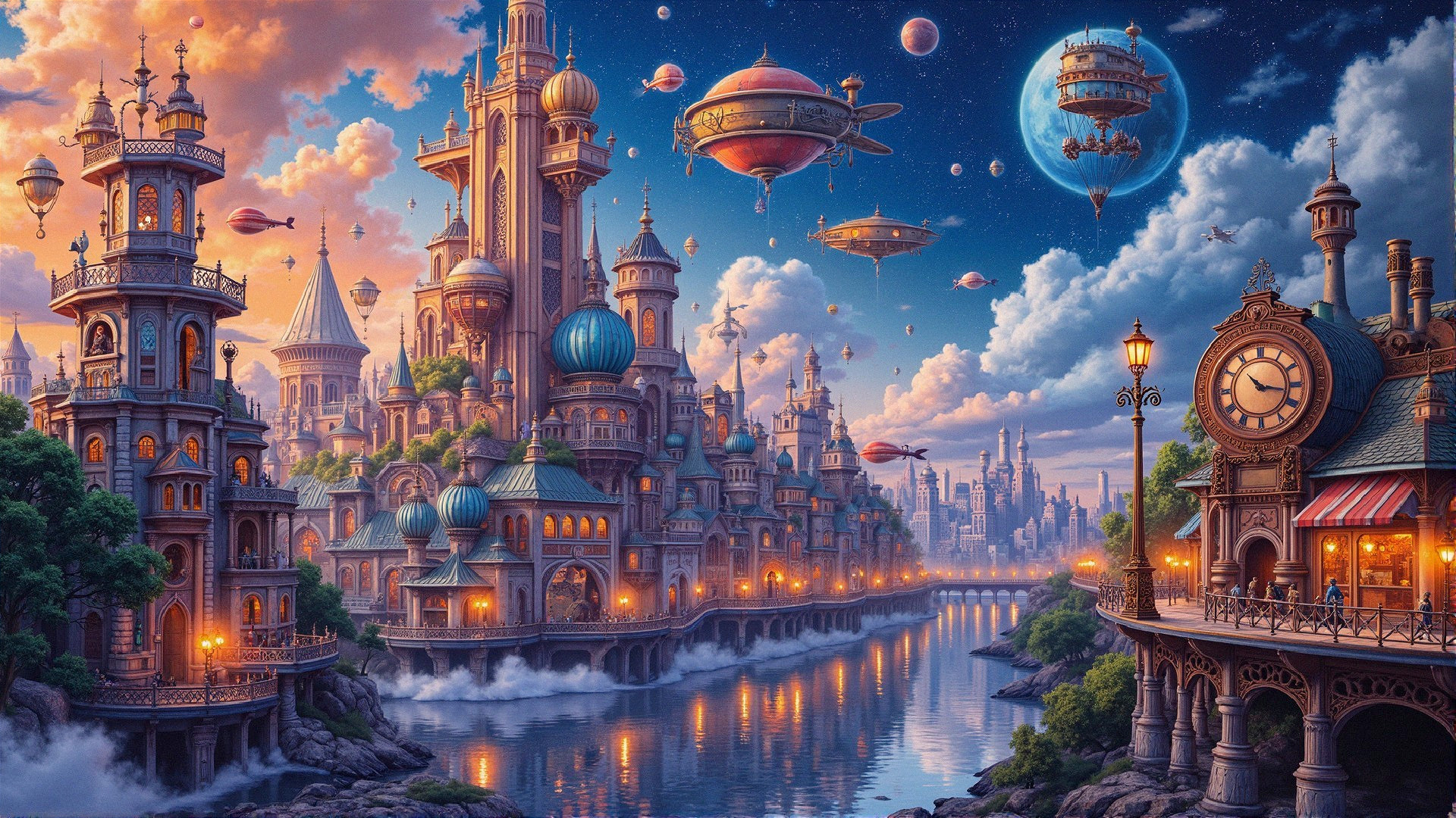 Fantastical cityscape with ornate architecture and airships