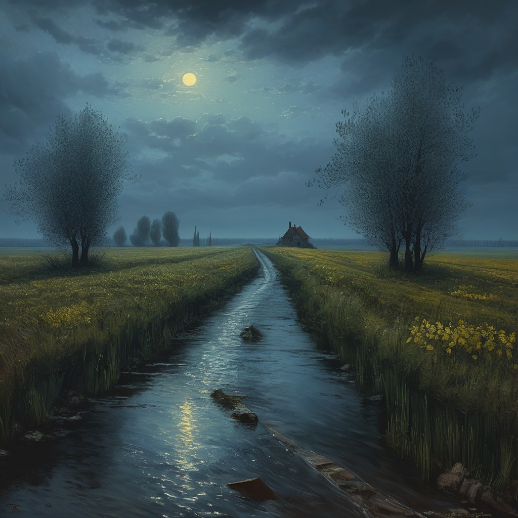 Serene Dusk Landscape with Stream and Cottage