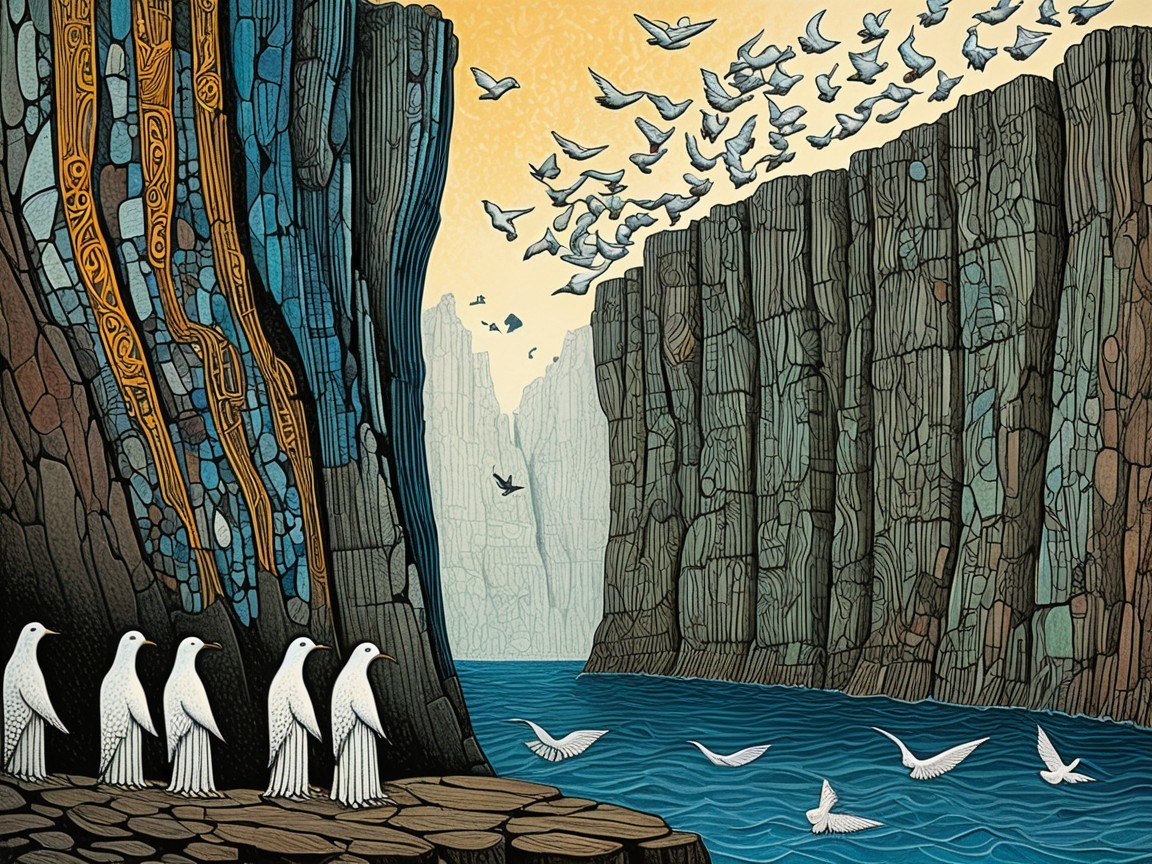 Serene Landscape with Cliffs and Birds Over Water